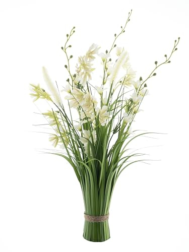 mucplants Künstliche Frühlingsblumen und Gras Arrangement, 50 cm, Rosa und Weiß, Dekorative Zimmerpflanze für Frühjahrsdekoration (Cream)