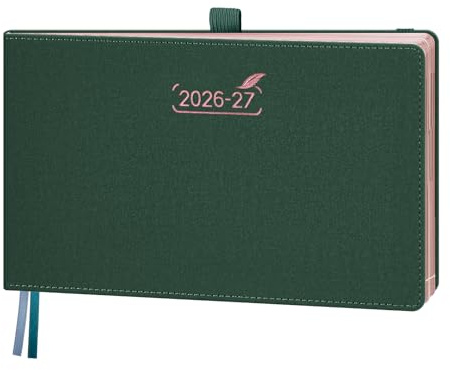 BEZEND Kalender 2026 2027 Wochenkalender Querformat ca.A5 (23 x 14 cm) | 18-Monate Kalender (Juli 26 - Dez 27), PU-Leder Hardcover, 80 GSM Papier, Rose Gold Papierkante, Waldgrün