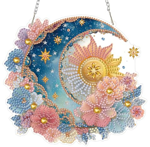 TOSTOG Diamond Painting Hängende Ornament Kit Mond Diamond Painting Anhänger Sonne 5D Diamant Fensterbilder Beidseitig mit Kette für Party Kranz Tür Fenster Wand Deko (19.8×17.8cm)