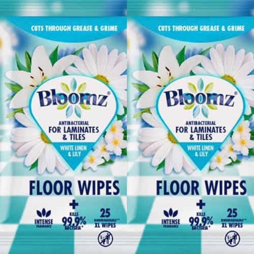 2 x Bloomz Antibacterial Floor Wipes for Laminates & Tiles, White Linen & Lily, XL Wipes, Kills 99.9% Bacteria, 25 Count per Pack