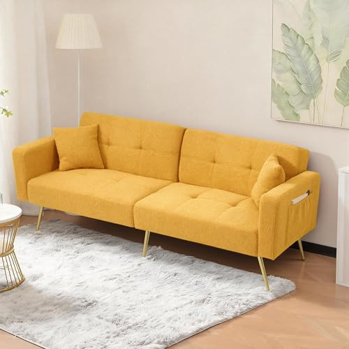 Merax Schlafsofa 2-Sitzer Sofa mit Schlaffunktion, Klappsofa mit unabhängig verstellbaren Doppelrückenlehnen - Sofabett aus Sherpa-Stoff, für Wohnzimmer/Schlafzimmer/Gästezimmer, Gelb
