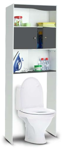 OSE - Meuble WC, 58 x 19,5 x 178 cm - Meuble Rangement WC, 2 Etageres, 1 Placard - Étagère Rangement Toilette, Salle de Bain, Effet Bois et Métal, Industriel