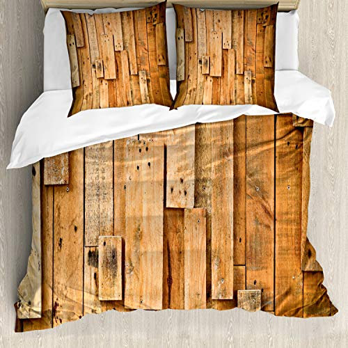 ABAKUHAUS Holz Bettwäsche Set für Doppelbetten, Lodge Wall Planks Drucken, Weicher Microfaserstoff Allegigeignet kein Verblassen, Braun