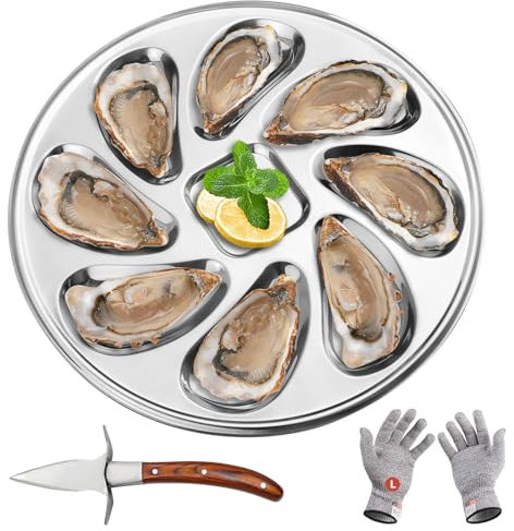 xianzhanEU 1 piatto per ostriche, in acciaio inox, con 8 fessure per ostriche e guanti, utilizzabile per posizionare ostriche, capesante