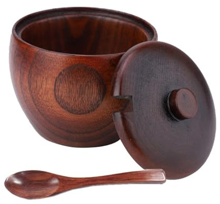 Boîte à Sel en Bois, Sucrier Pot a Sel de Cuisine Pot à épices Spice Jar Pot à épices en Bois avec Couvercle et Cuillère pour Servir Sucre, Poivre, épices, Cuisine Restaurant Hôtel, 8 x 9 cm