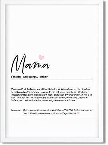 Urhome Kunstdruck Definition Mama mit Bilderrahmen Weiß in DIN A4 - Worterklärung wie im Duden Lexikon Wandbild Wanddeko mit Spruch Holz Rahmen für Wohnung Familie Freunde Geschenk