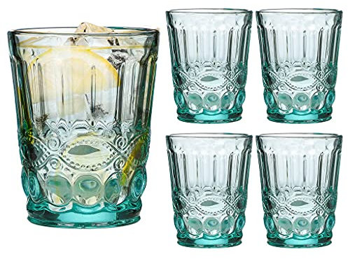 Dibor Set of 4 Embossed Turquoise Baroque 250ml Tumbler Drinking Glasses