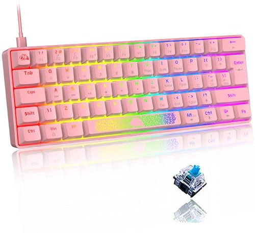 LEAVEN 60% Compact Cute Type c - Usb Wired Mechanical Pink Keyboard UK, Blue Switch, RGB Backlit Rainbow LED, Anti-Ghosting, Media Keys, Laser carving, Ergonomic Aesthetic, for Computer PC Laptop