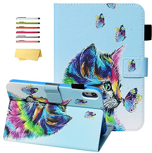 Case for iPad mini 7 A17 Pro 2024/iPad Mini 6 2021 & iPad mini 7th/6th Generation Case 8.3 inch with Stand/Pencil Holder [Auto Wake/Sleep], UUcovers PU Leather Smart Cover,Rainbow Cat Butterfly