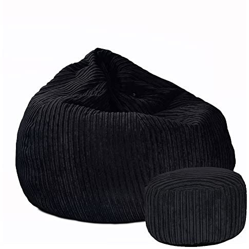 rucomfy Beanbags Slouchbag Large Corduroy Bean Bag Chair - Adult Bean Bag with Filling - Home Furniture Seating for Living Room or Bedroom - Machine Washable - 80 x 110cm (Black, with Footstool)