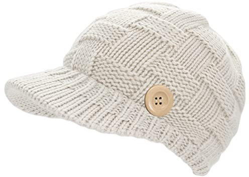 dy_mode Schirmmütze Damen Strickmütze Mütze mit Holzknopf - A080 (A318-CremeWeiß)