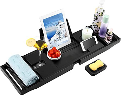 Badewannenbrett Bambus ausziehbar Badewannenablage 75-110cm mit Handyhalter Buchstütze Weinhalter Badewannentablett schwarz