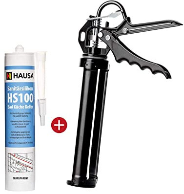 Sanitär-Silikon HS100 transparent 310ml + Kartuschenpistole PRO18 schimmelresistenter Silikon-Dichtstoff für Bad Dusche Küche + Kartuschenpresse 18:1 Übersetzung für 290-310ml Kartusche HAUSA