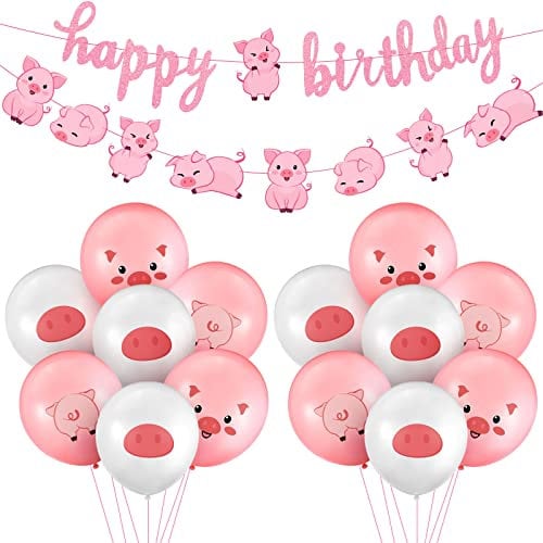 32 Stück Schweine Geburtstag Party Dekoration Rosa Schwein Tier Happy Birthday Banner Latex Ballons Schwein Luftballon für Kinder Baby Shower Geburtstag Rosa Bauernhof Thema Party Deko