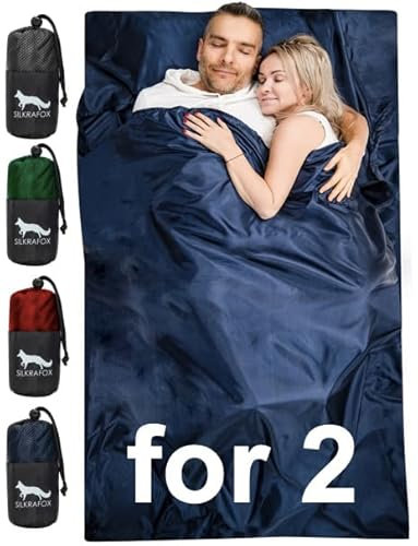 Silkrafox Compact for 2 – ultraleichter Hüttenschlafsack für 2 Personen, Inlay aus Mikrofaser, Kunst-Seidenschlafsack, Sommer Schlafsack, Inlett, blau