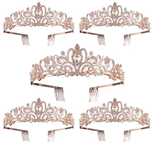 5 Stück Rose Gold Kristall Kronen Tiara für Frauen Mädchen Elegante Prinzessin Strass Krone mit Kämmen, Braut Hochzeit Stirnbänder Abschlussball Geburtstag Party Halloween Haarschmuck Schmuck