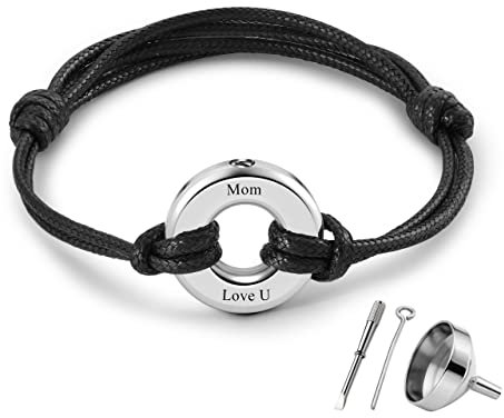 JSDDE Personalisiert Urne Armband mit Textgravur einstellbar Lederarmband Memorial Asche Armband Andenken Medaillon für Frauen Männe, mit Trichter füllen Kit (Silber)