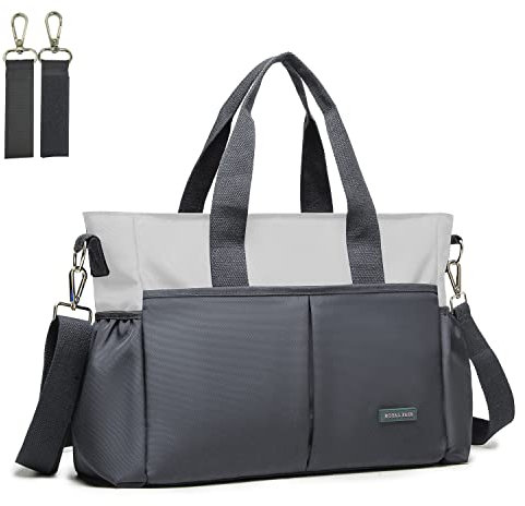ROYALFAIR Baby Wickeltasche Klein für Unterwegs Reise Wickeltasche Bote Messenger mit Isoliertasche und Befestigungshaken (40 x 28 x 12.8 CM, Grau)