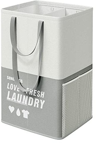SONGMICS Cesto Grande para Ropa Sucia, 90 L, Bolsa de la Ropa con 2 Compartimentos, Se Pone de Pie, Plegable, Doble Asa, para Lavandería, Dormitorio, Baño, Gris Claro LCB209G11