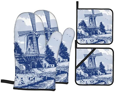Nederland Ofenhandschuhe und Topflappen im Vintage-Stil, holländische Windmühle, Delfter Blau, 4 Stück, Ofenhandschuhe und Topflappen, hitzebeständige Handschuhe für Küche, Kochen, Backen, Grillen, G