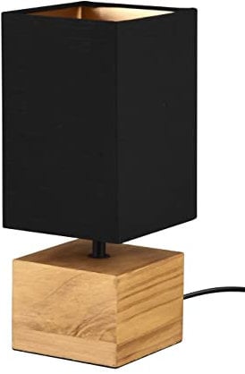 Reality Leuchten Tischleuchte Woody R50171080, Metall Schwarz matt, Fuß Holz, Stoffschirm schwarz/goldfarbig, exkl. 1x E27