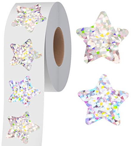 500 STÜCKE Holografische Glitzerstern-Aufkleber, selbstklebende metallisch-silbrige Folienaufkleber, reflektierende funkelnde Sternaufkleber, Belohnungsverhaltenstabellen-Etiketten