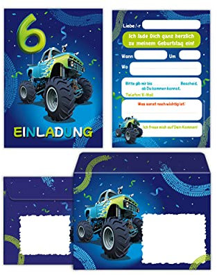 12 Einladungskarten incl. 12 Umschläge zum 6. Kindergeburtstag Einladung sechste Geburtstag Jungen Auto Monster-Truck