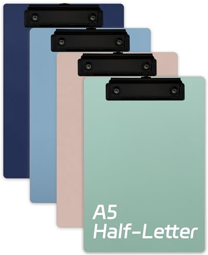 A5-Klemmbretter, 4er Set (15,5 x 22,5 cm) mit schwarzen Metallklemmen - Stabile Zwischenablage für Schule, Büro & Gastronomie - 4 Farben (Dunkelblau, Hellblau, Hellgrün, Pink)