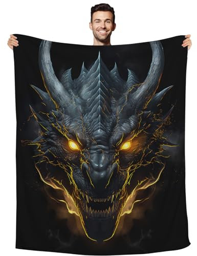 Huke Dragon Gifts Decke, coole schwarz-goldene Drachendecke, Drachen-Geschenke für Männer/Frauen/Teenager/Kinder/Jungen/Mädchen, Plüschdrachen-Überwurfdecke, Geschenke für Drachenliebhaber, coole