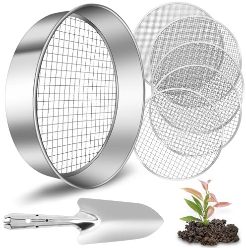 Jazlyvex Colino da giardino, 30 cm, con 5 colino intercambiabile, in acciaio inox, colino per compost da giardino, colino per terra, compost sabbia, inclusa pala da giardino