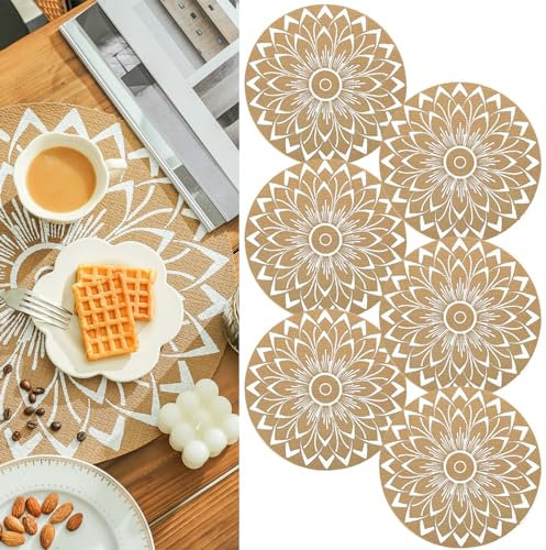 Elistonie Lot de 6 Sets de Table Ronds Boho en Vinyle - Résistant à la Chaleur, Lavables, Imperméables - Style Mandala Bohème pour Table à Manger Jute (D)