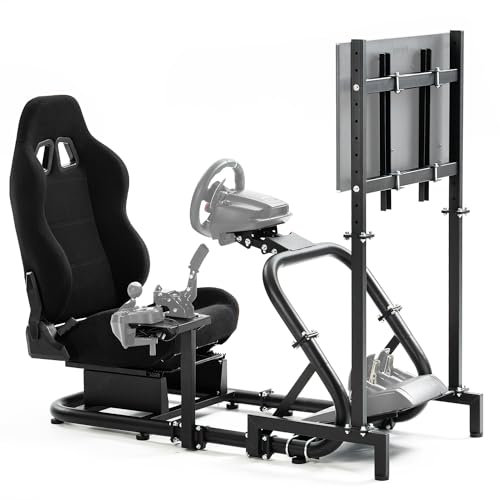 Minneer Flight Sim Cockpit with Monitor Stand and Black Seat Enhanced Fit for Logitech Thrustmaster Fanatec G29 G920 Professional Driving Mount(50MM Large Round Tube)Without Wheel Pedal and Handbrake