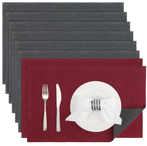 Banchif Tischsets abwaschbar doppelseitig Platzset Platzdecken abwaschbar | Platzsets abwaschbar Leinenimitat 8er Set doppelseitige Tischsets maschinenwaschbar rechteckig Platzdecken (Rot-Grau)