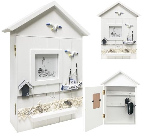 Bocguy Schlüsselkasten Holz, Boot Schlüsselkasten, Schlüsselkasten Vintage mit 6 Schlüsselhaken, Schlüsselschrank zur Wandmontage, Schlüsselkasten Modern für Eingang,Flur,Büro, 30 x 22 x 6,5cm