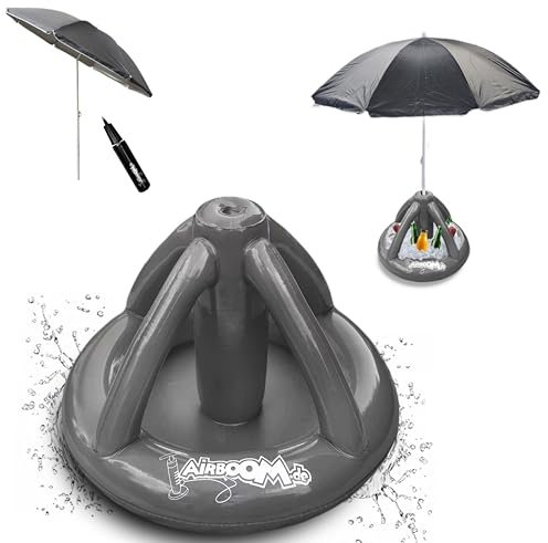 Airboom KOMPLETT-Set- aufblasbarer Schirmständer für Strandschirme Getränkekühler Sonnenschirmhalter Strand Camping Sonnenschutz (grau) inkl. Strandschirm 160cm und Pumpe