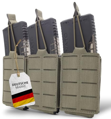 SHIELD Germany 3er Molle Magazintasche Schwarz - Ideal für M4, AK und AR15 Magazin - Premium Airsoft Zubehör, Molle Pouch für Airsoft Plattenträger (Steingrau Oliv)
