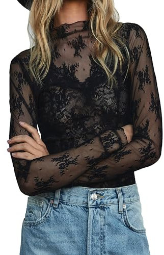 Women Sexy Mock Turtle Neck Long Sleeve Sheer Mesh Lace Floral See Through Swiss Dots Going Out Layering Slim Fit Tops Streetwear (B-Black, M)