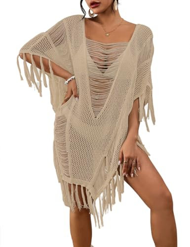 Bsubseach Sheer Bikini Cover Up for Women Fringe Hollow Out Swimsuit Coverups Sexy Beach Pool Bathing Suit Tassel Tops Hollow Out Apricot