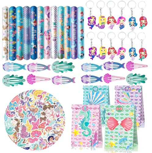 Festa di compleanno per bambini sirena,98pcs Mermaid Gift Bag Portachiavi Clips Hair Sticker,Accessori del partito della sirena, per le ragazze Forniture del partito a tema della sirena