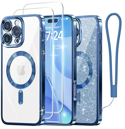 Meifigno Candy Series Case Designed for iPhone 16 Pro Max, [Compatible with MagSafe] [2X Screen Protectors] [Glitter Card & Wrist Strap] Full Camera Protection Designed for iPhone 16 Pro Max, Blue