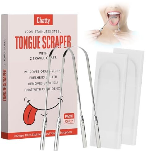 Chatty Premium Stainless Steel Tongue Scraper with Travel Cases (Pack of 2), Fresh Breath, Restored Taste, U Shape Cleaner, Essential Kit, Bad Breath Treatment