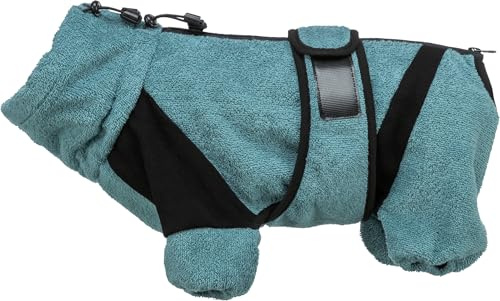 TRIXIE Hunde-Bademantel Frottee Gr. XL, Rückenlänge 70 cm – Petrol | Wärmender Overall für drinnen und draußen – saugt Nässe schnell auf, angenehm weich nach Bad und Regen