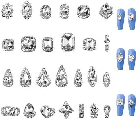 OTKARXUS Silver Nail Gems, 26PCS Geometric Oval, Drop, Square Water Drop Crystal Rhinestones, Metal Alloy & Glass Nail Decorations