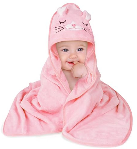 Aolso Kapuzenhandtuch Baby, 80x80 cm Baby Handtuch Kapuze, Baby Waschlappen, Korallenvlies Babyhandtuch mit Kapuze für Neugeborene, Weich & Super Saugfähig, Unisex(Rosa Kätzchen)