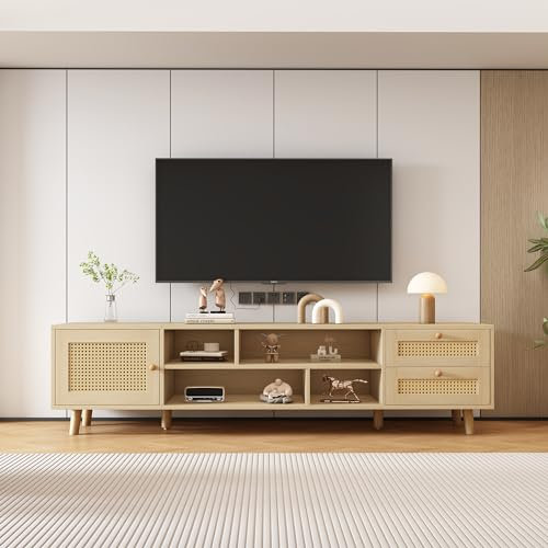 BTM Meuble TV Bois, Meuble TV en Rotin avec 1 Porte, 2 Tiroirs et 4 Compartiments, Meuble Télé 160 cm Convient pour Un téléviseur 70 Pouces, 160x39x40cm, Bois Naturel