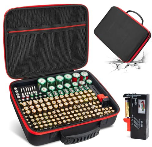 Battery Organizer Storage Case with Tester, Hardshell Portable Checker Carrying Case Holds 200+ Batteries AA AAA AAAA C D 9V, Battery Organizer Storage Box