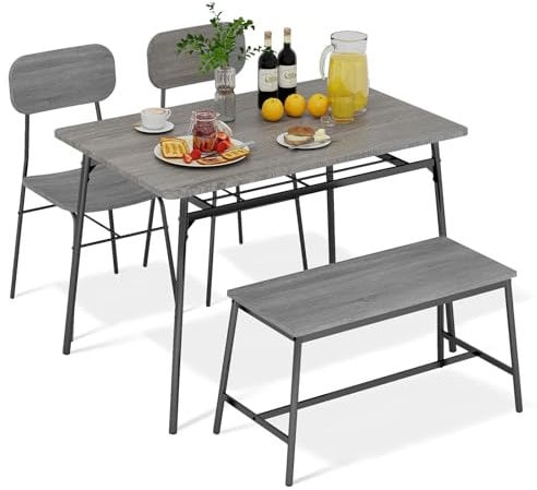 PULUOMIS Dining Table and Chairs Set 4, Dining Table with Storage Rack, Kitchen Table and 2 Chairs with Bench, Dining Room Sets for Restaurant Home, Grey