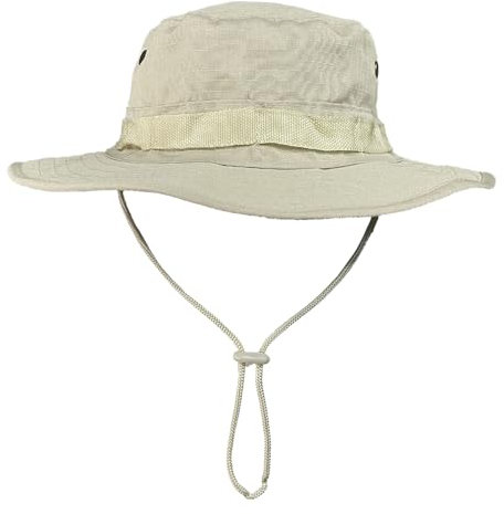 TUONYIS Sonnenhut, Fischerhüte, Outdoor Safari Hut Herren Klassische Buschhüte, Boonie Hut Herren Damen, Krempe Eimerkappen mit Armeekampfstil mit Kinnband, für Angeln, Jagd, Camping, Wander (Beige)