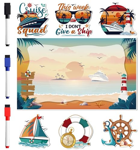 Cruise Door Magnets Decorations, 7PCS Retro Nautical Funny Cruise Magnets for Ship Cabin Door, Cruising Must Haves Magnetic Signs, with 3PCS Pens