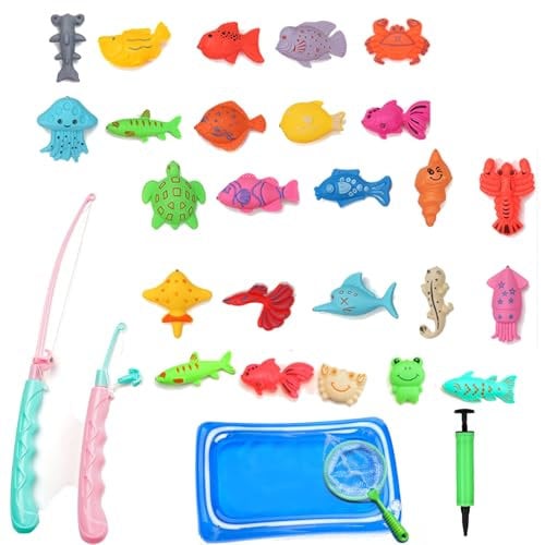 Bath Toys for 3+ Year Olds, Fishing Game for Kids, Kids Fishing Rod with 25 Double-Sided Fish, Toy Fishing Rod, Pool Party & Educational Activity (Includes Inflatable Pool, Fishing Net, Air Pump)